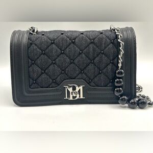 Badgley Mischka Black Denim Diamond Quilted Crossbody with Matching Pearls NEW